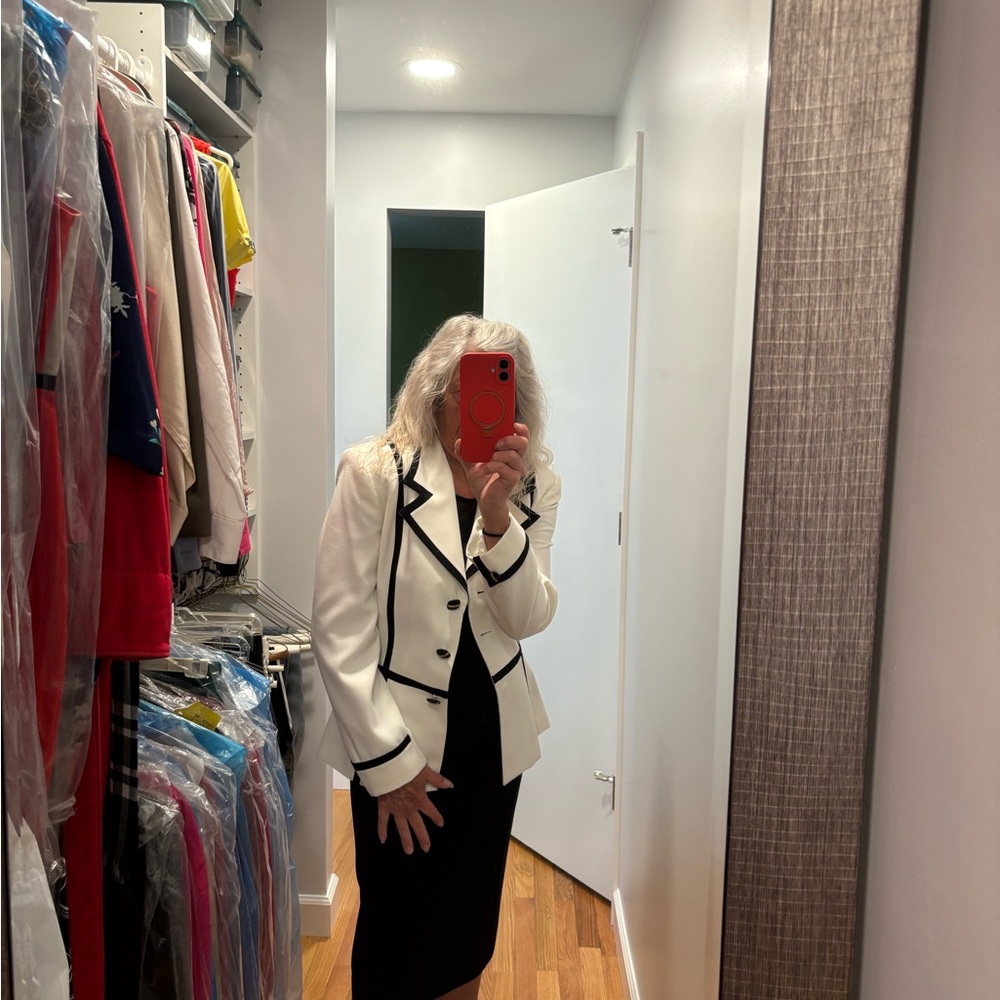 Elegant White Blazer with Black Trim and black skirt